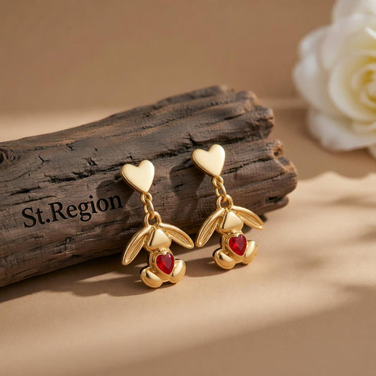 Red Crystal & 18K Gold-Plated Heart Rabbit Drop Earrings