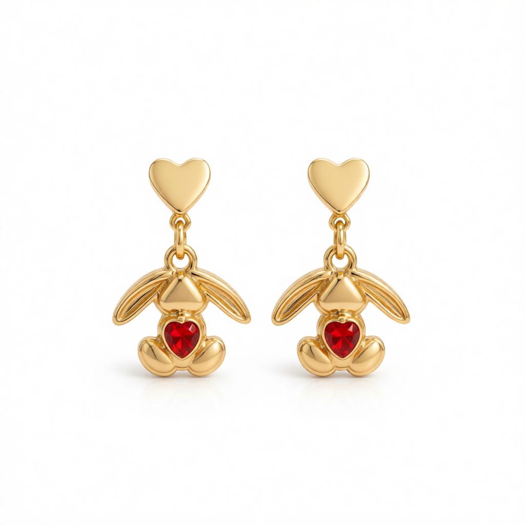 Red Crystal and 18K Gold-Plated Heart Rabbit Drop Earrings, gold drop earrings for women, dainty minimalist design, side view