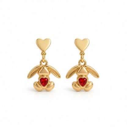 Red Crystal and 18K Gold-Plated Heart Rabbit Drop Earrings, gold drop earrings for women, dainty minimalist design, side view
