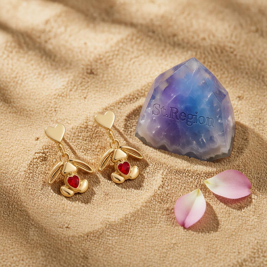 Red Crystal and 18K Gold-Plated Heart Rabbit Drop Earrings, gold drop earrings for women, detail close-up