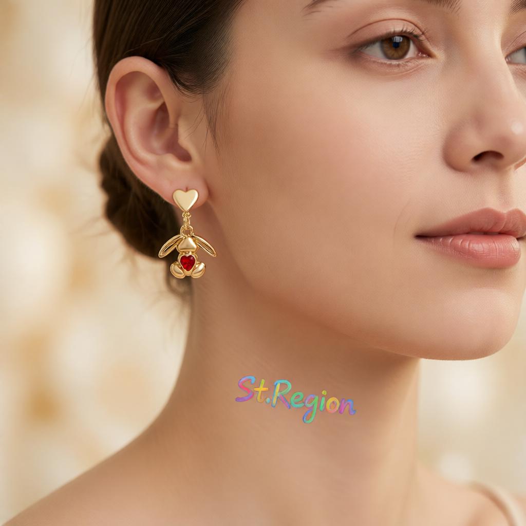 Red Crystal and 18K Gold-Plated Heart Rabbit Drop Earrings, gold drop earrings for women, styled look