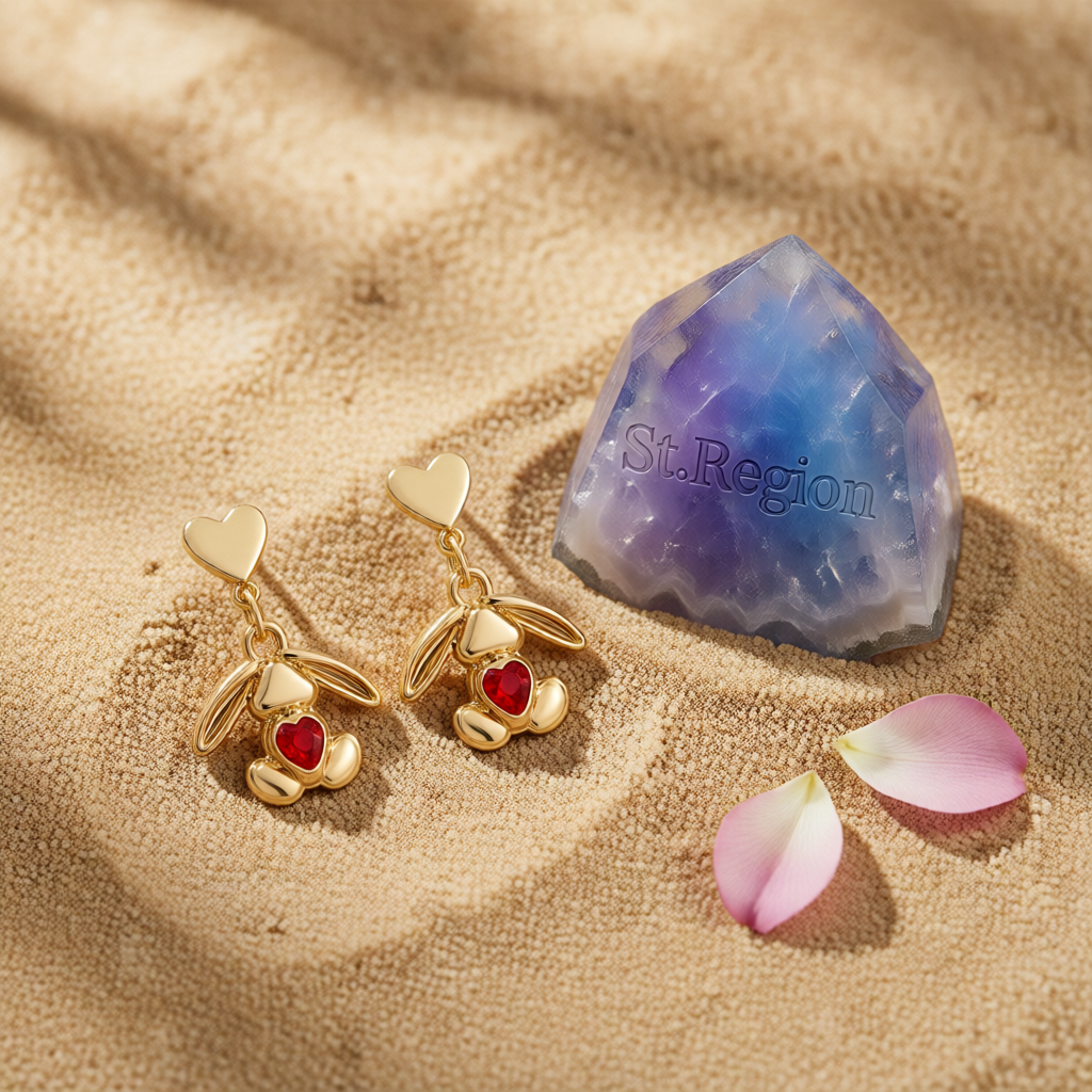 Red Crystal & 18K Gold-Plated Heart Rabbit Drop Earrings