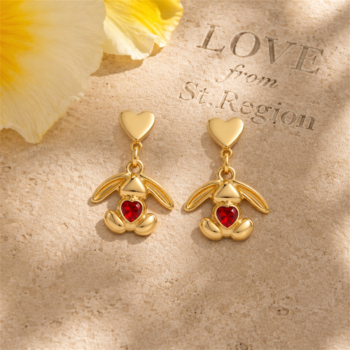 Red Crystal & 18K Gold-Plated Heart Rabbit Drop Earrings