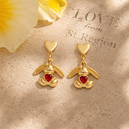 Red Crystal & 18K Gold-Plated Heart Rabbit Drop Earrings