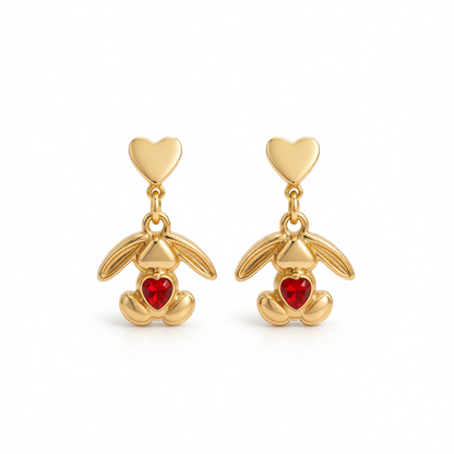 Red Crystal & 18K Gold-Plated Heart Rabbit Drop Earrings
