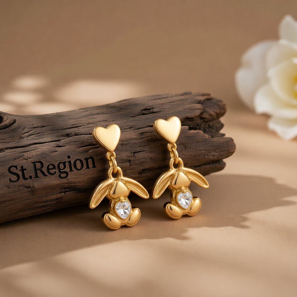Clear Crystal and 18K Gold-Plated Heart Rabbit Drop Earrings, gold drop earrings for women, elegant gift for her, front view