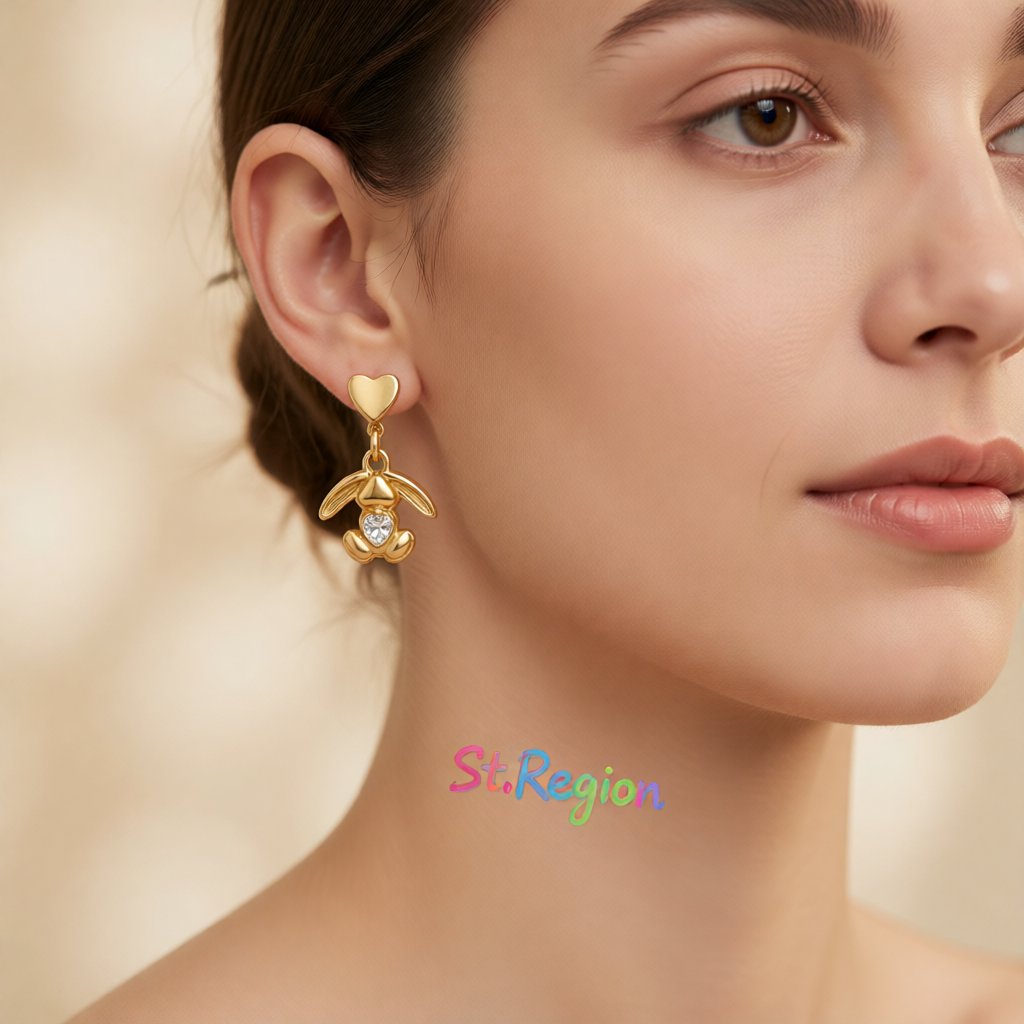 Clear Crystal and 18K Gold-Plated Heart Rabbit Drop Earrings, gold drop earrings for women, elegant gift for her, styled look