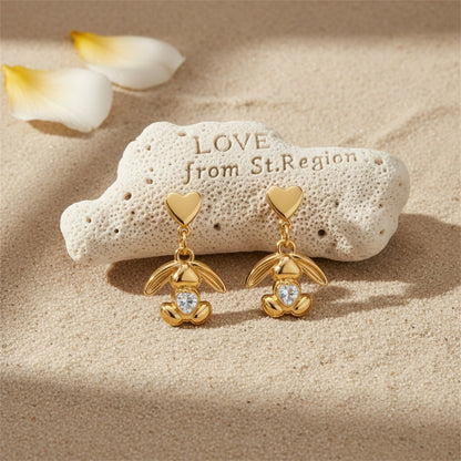 Clear Crystal and 18K Gold-Plated Heart Rabbit Drop Earrings, gold drop earrings for women, lifestyle look