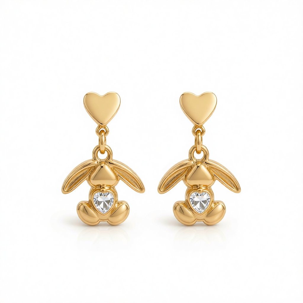 Clear Crystal and 18K Gold-Plated Heart Rabbit Drop Earrings, gold drop earrings for women, elegant gift for her, side view