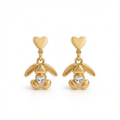 Clear Crystal and 18K Gold-Plated Heart Rabbit Drop Earrings, gold drop earrings for women, elegant gift for her, side view