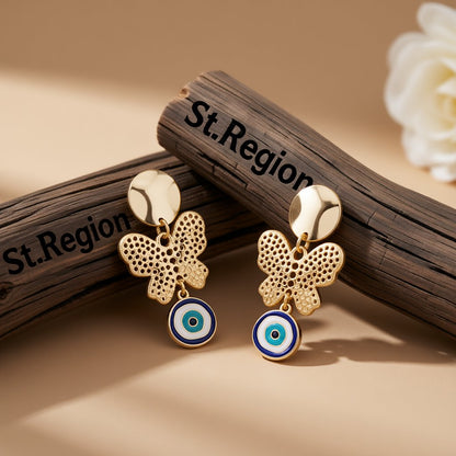 Blue and White Enamel Tiered Butterfly Evil Eye Drop Earrings, drop earrings for women, dainty minimalist design, front view