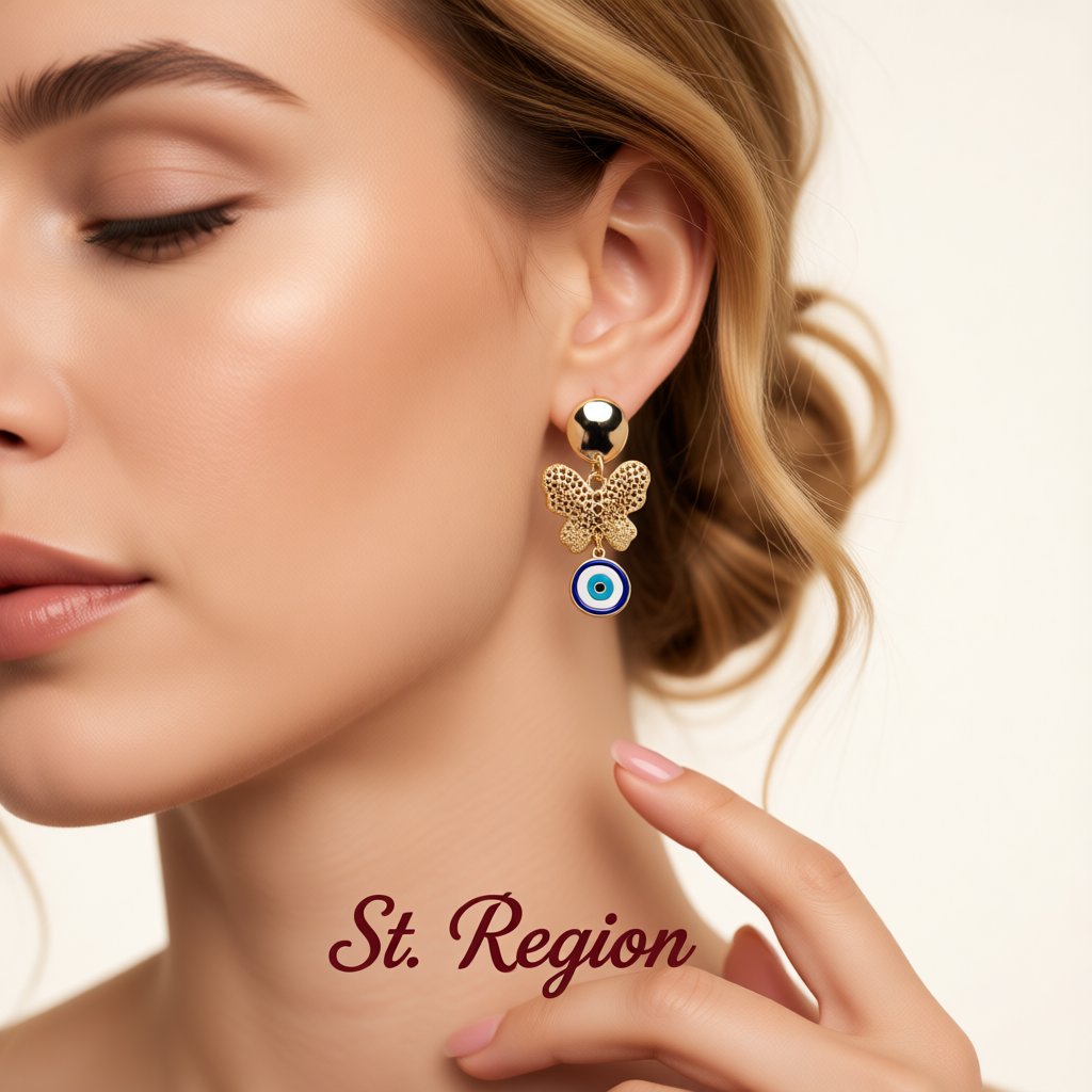 Blue and White Enamel Tiered Butterfly Evil Eye Drop Earrings, drop earrings for women, dainty minimalist design, styled look