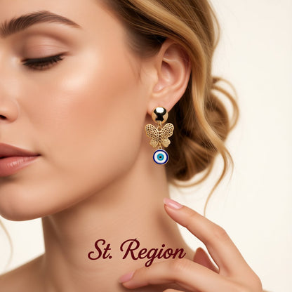 Blue and White Enamel Tiered Butterfly Evil Eye Drop Earrings, drop earrings for women, dainty minimalist design, styled look