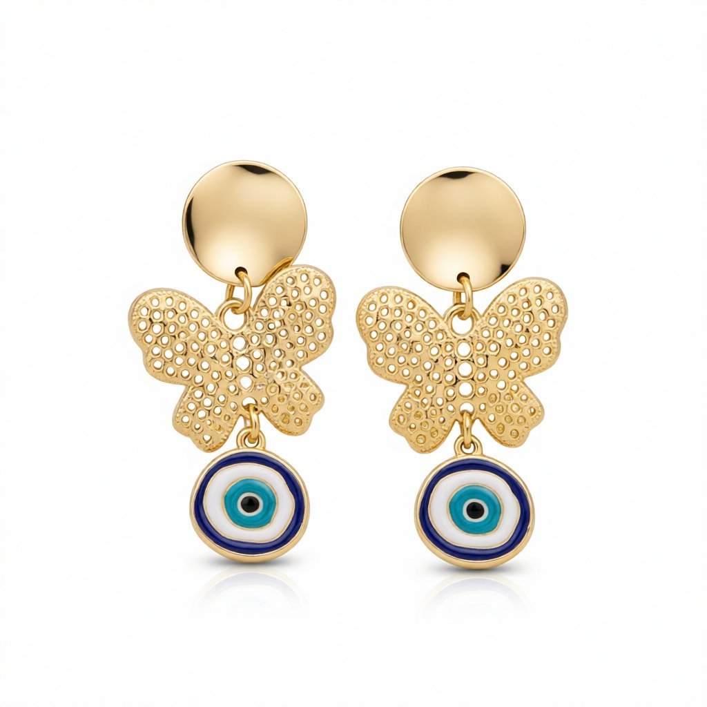 Blue and White Enamel Tiered Butterfly Evil Eye Drop Earrings, drop earrings for women, dainty minimalist design, side view