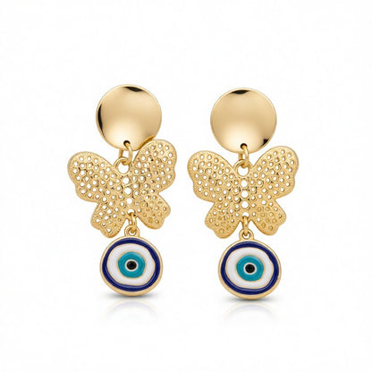Blue and White Enamel Tiered Butterfly Evil Eye Drop Earrings, drop earrings for women, dainty minimalist design, side view
