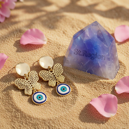 Blue and White Enamel Tiered Butterfly Evil Eye Drop Earrings, drop earrings for women, detail close-up