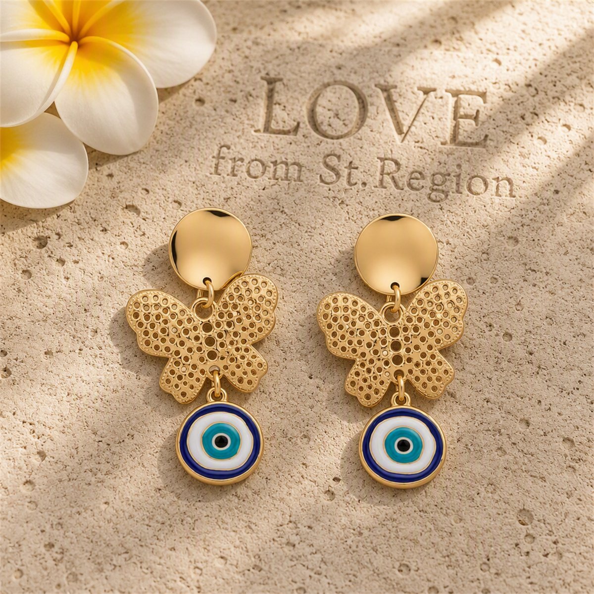 Blue and White Enamel Tiered Butterfly Evil Eye Drop Earrings, drop earrings for women, lifestyle look