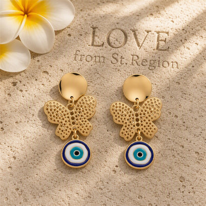 Blue and White Enamel Tiered Butterfly Evil Eye Drop Earrings, drop earrings for women, lifestyle look