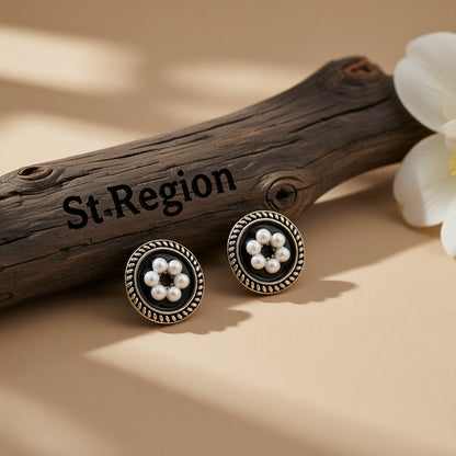 Cubic Zirconia and Pearl Enamel Silver-Plated Flower Stud Earrings, silver stud earrings for women, front view