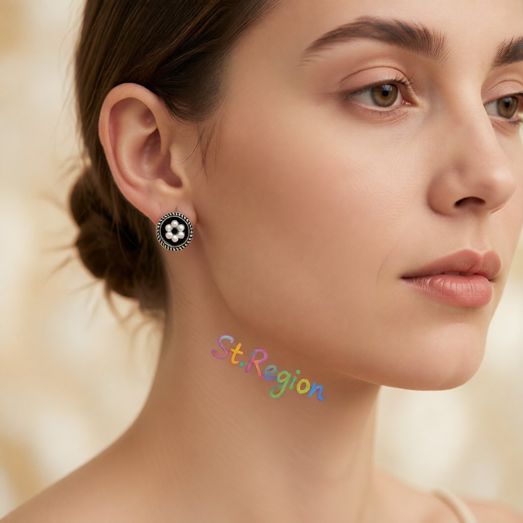 Cubic Zirconia and Pearl Enamel Silver-Plated Flower Stud Earrings, silver stud earrings for women, styled look