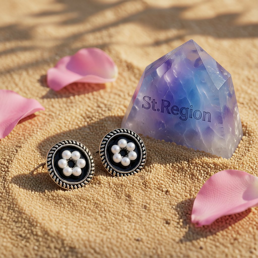 Cubic Zirconia and Pearl Enamel Silver-Plated Flower Stud Earrings, silver stud earrings for women, detail close-up