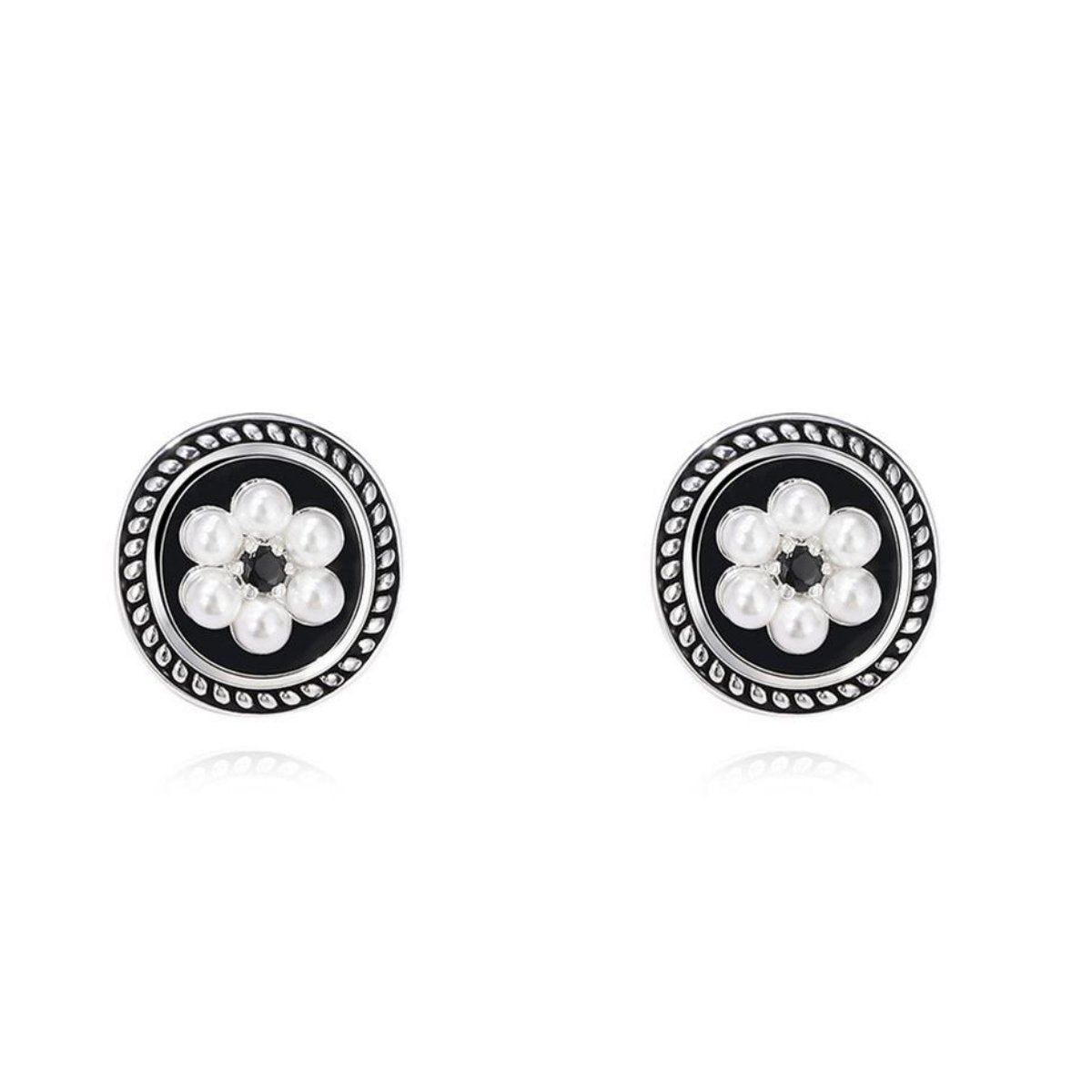 Cubic Zirconia and Pearl Enamel Silver-Plated Flower Stud Earrings, silver stud earrings for women, side view