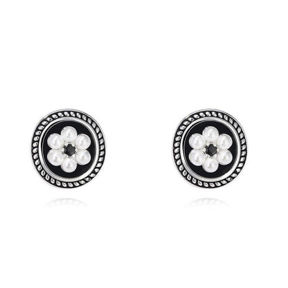 Cubic Zirconia and Pearl Enamel Silver-Plated Flower Stud Earrings, silver stud earrings for women, side view