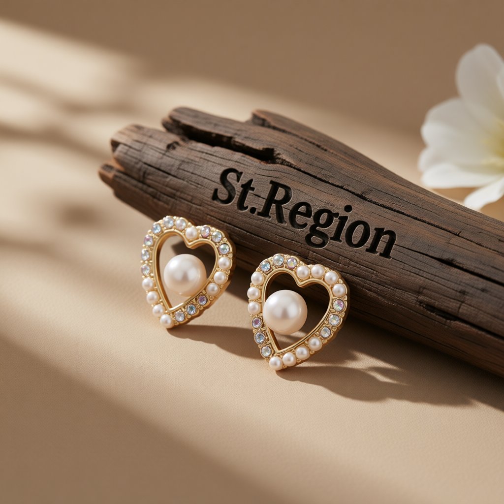 Pearl and Cubic Zirconia 18K Gold-Plated Heart Stud Earring, gold stud earrings for women, everyday style, front view