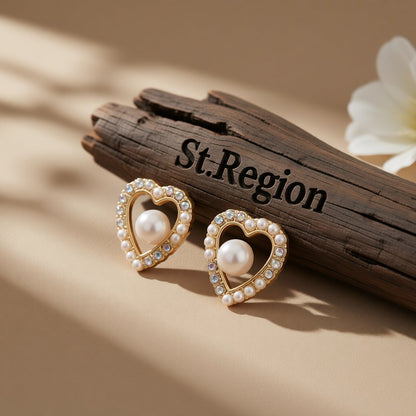 Pearl and Cubic Zirconia 18K Gold-Plated Heart Stud Earring, gold stud earrings for women, everyday style, front view