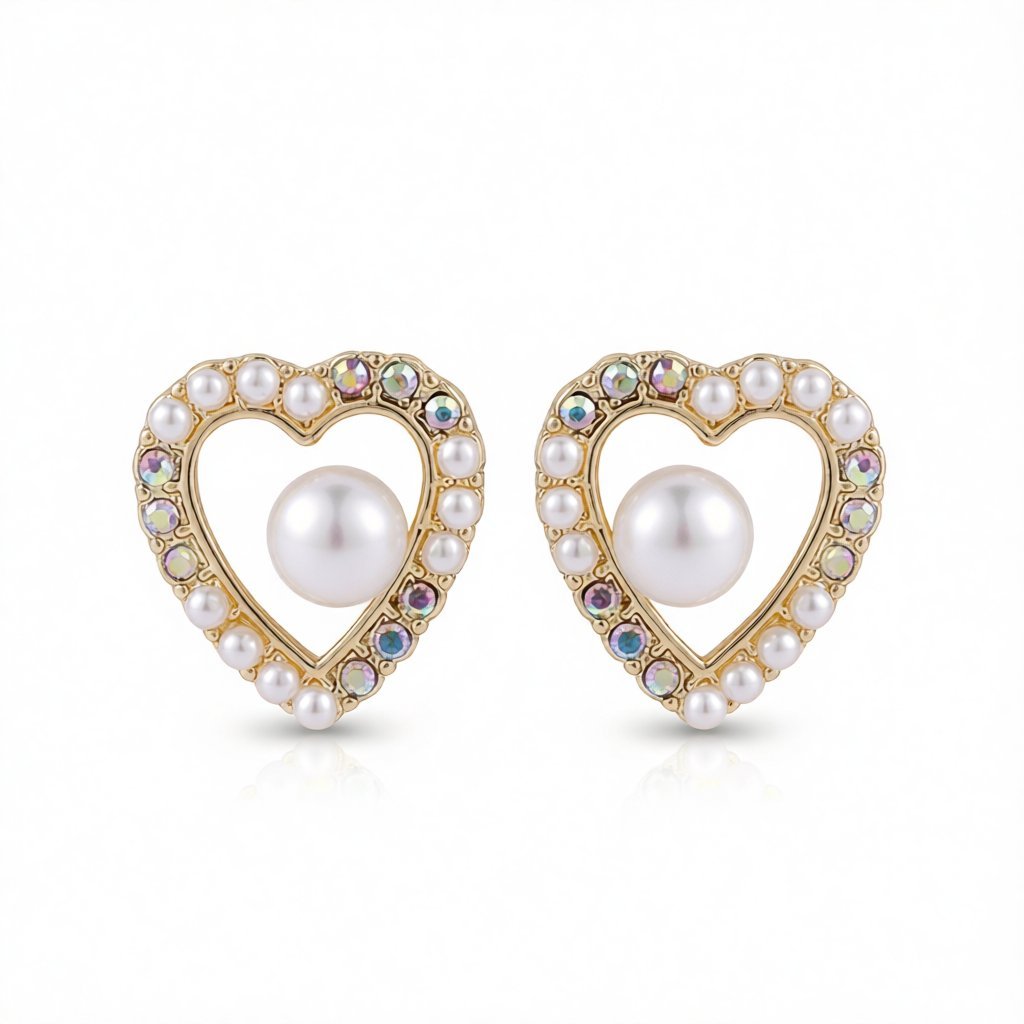 Pearl and Cubic Zirconia 18K Gold-Plated Heart Stud Earring, gold stud earrings for women, everyday style, side view