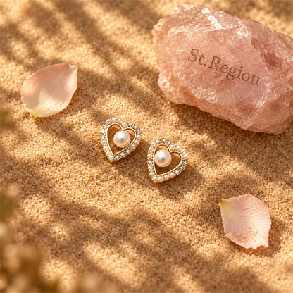 Pearl and Cubic Zirconia 18K Gold-Plated Heart Stud Earring, gold stud earrings for women, everyday style, detail close-up