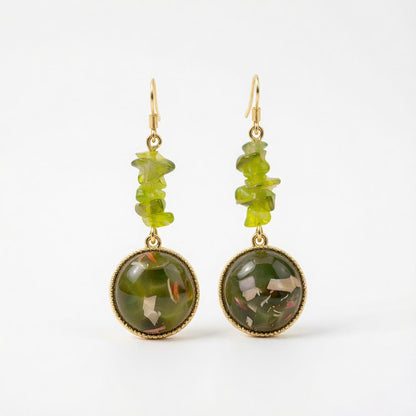 Green Quartz and Resin 18K Gold-Plated Round Drop Earring, gold drop earrings for women, dainty minimalist design, side view