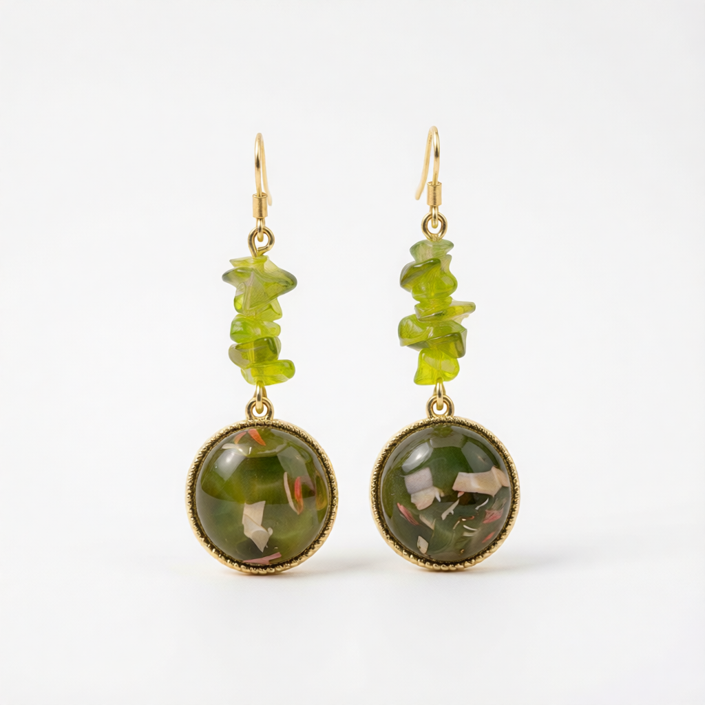 Green Quartz & Resin 18K Gold-Plated Round Drop Earring