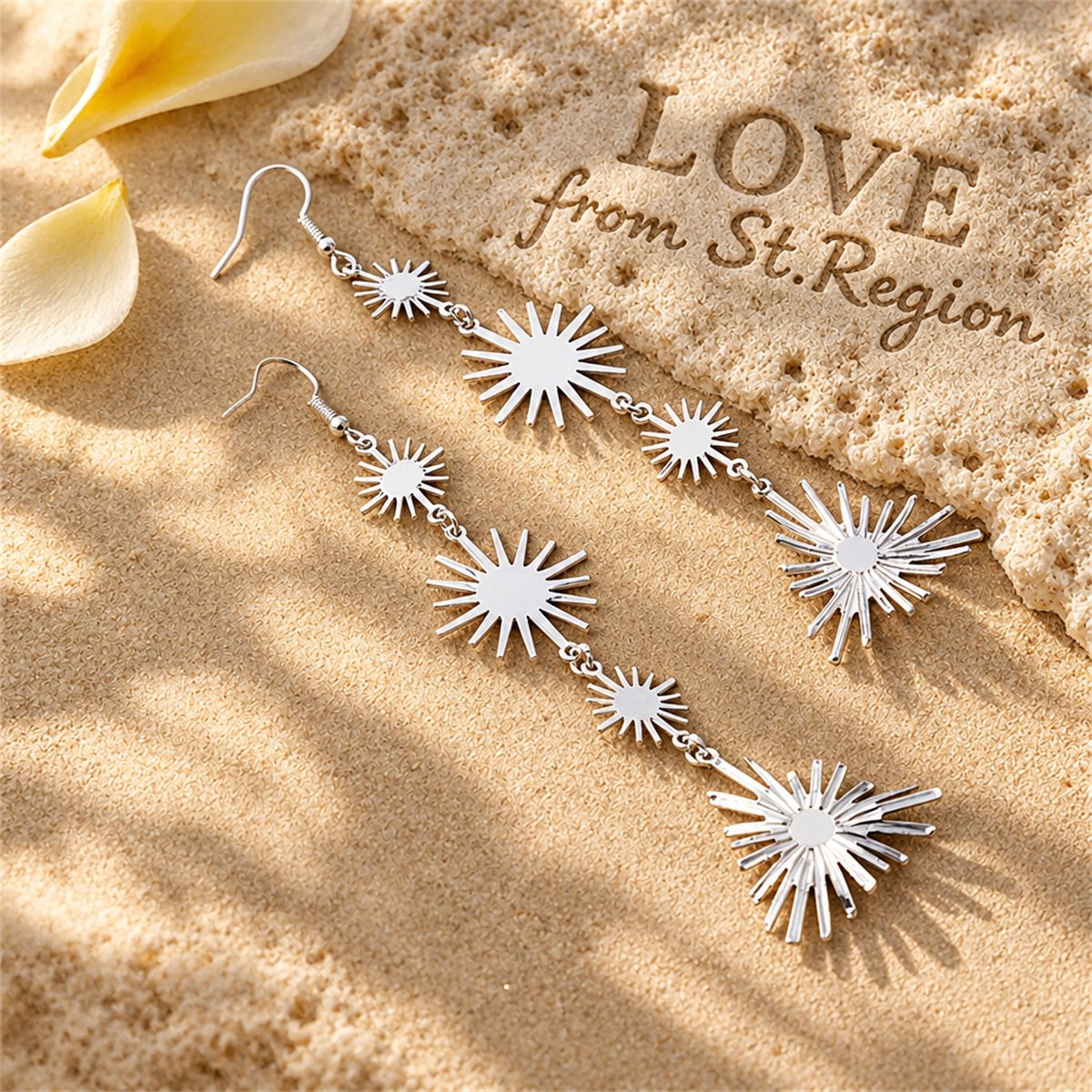 Silver-Plated Starburst Link Drop Earrings, silver drop earrings for women, dainty minimalist design, lifestyle look