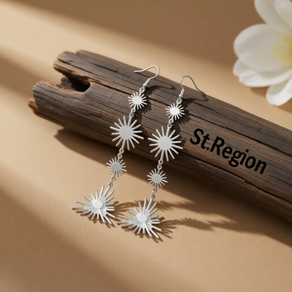 Silver-Plated Starburst Link Drop Earrings, silver drop earrings for women, dainty minimalist design, front view