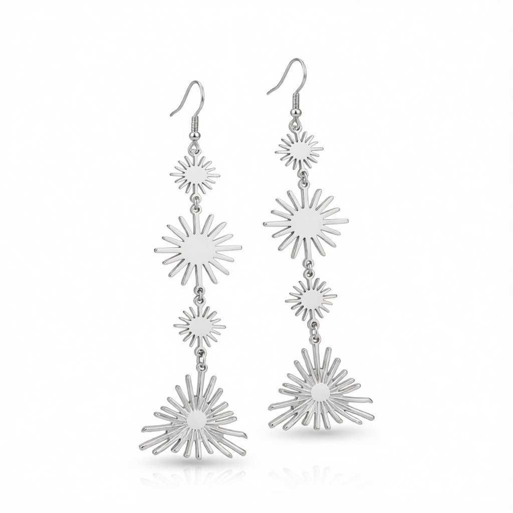Silver-Plated Starburst Link Drop Earrings, silver drop earrings for women, dainty minimalist design, side view
