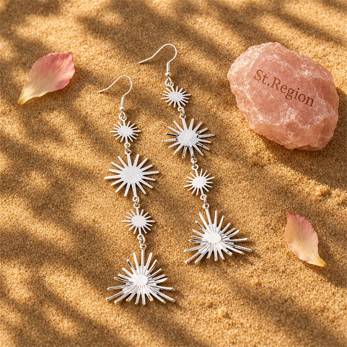 Silver-Plated Starburst Link Drop Earrings, silver drop earrings for women, dainty minimalist design, detail close-up