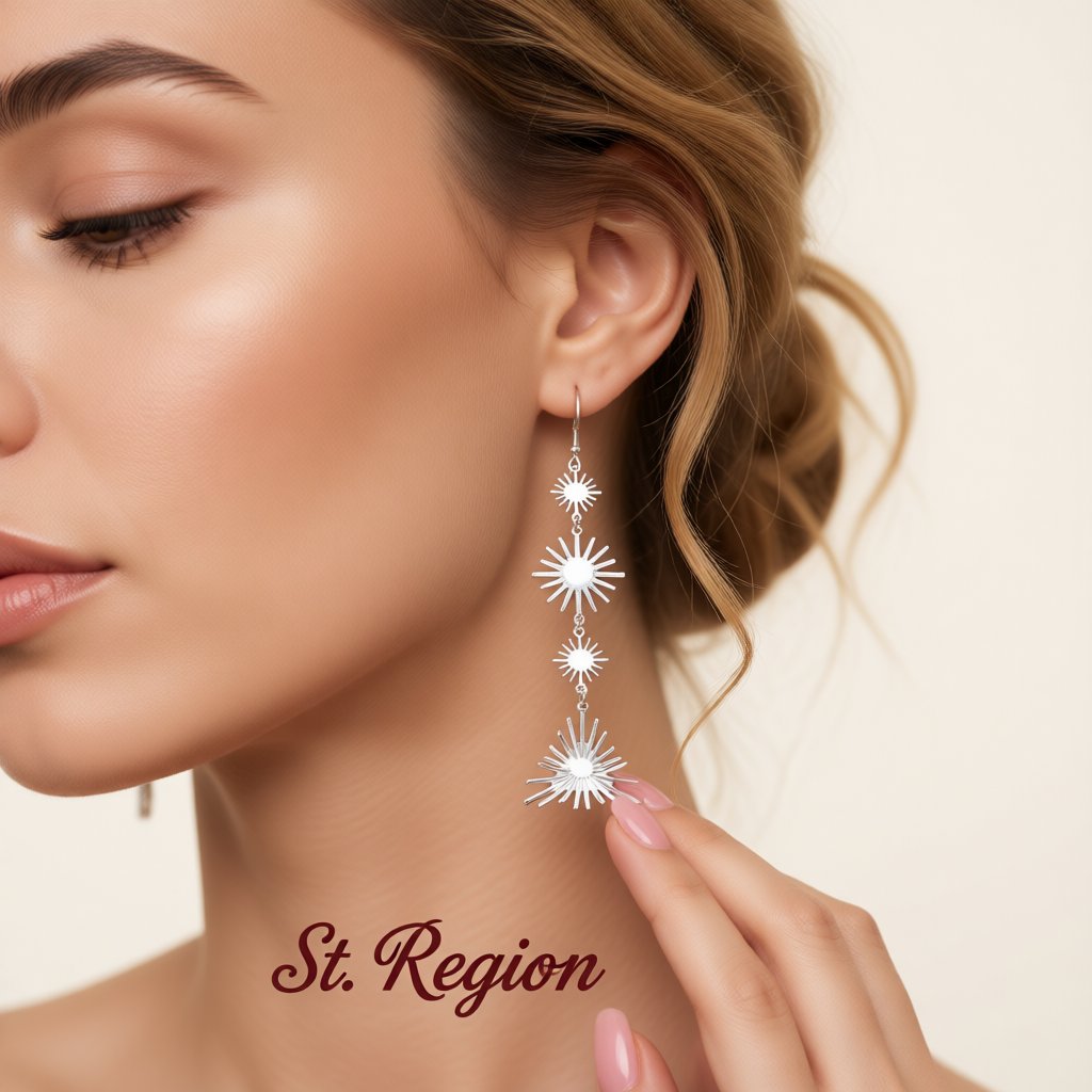 Silver-Plated Starburst Link Drop Earrings, silver drop earrings for women, dainty minimalist design, styled look