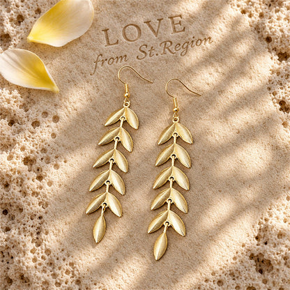 18K Gold-Plated Leaves Drop Earrings, gold drop earrings for women, elegant gift for her, lifestyle look