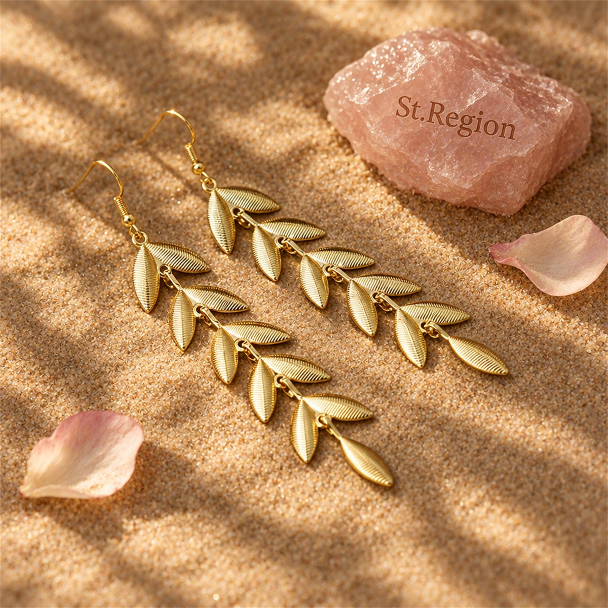 18K Gold-Plated Leaves Drop Earrings, gold drop earrings for women, elegant gift for her, detail close-up
