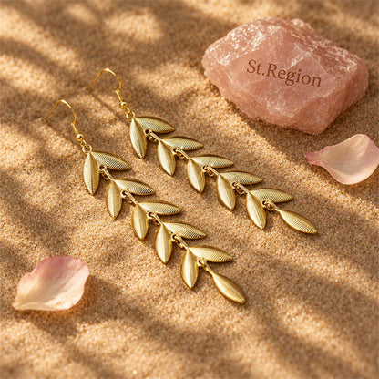 18K Gold-Plated Leaves Drop Earrings, gold drop earrings for women, elegant gift for her, detail close-up