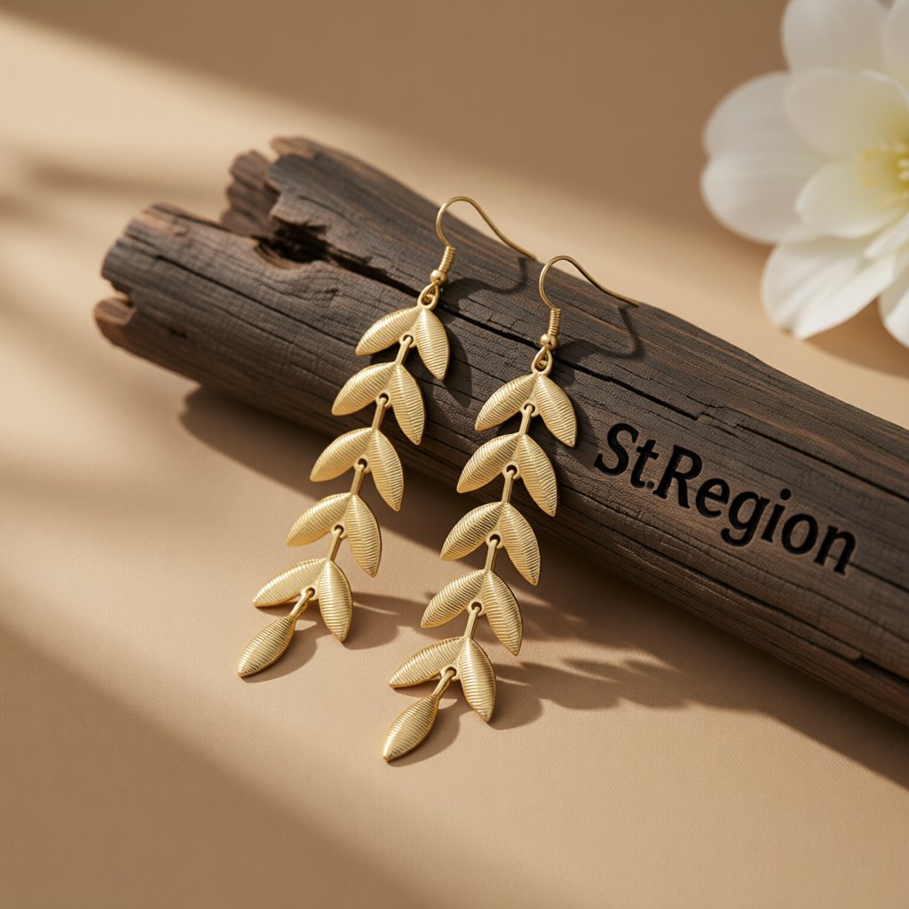 18K Gold-Plated Leaves Drop Earrings, gold drop earrings for women, elegant gift for her, front view