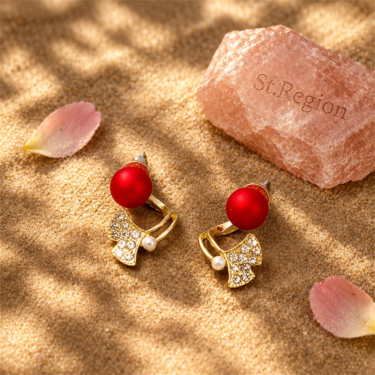 Red Resin and Cubic Zirconia Ginkgo Leaf Ear Jackets, botanical inspired, detail close-up