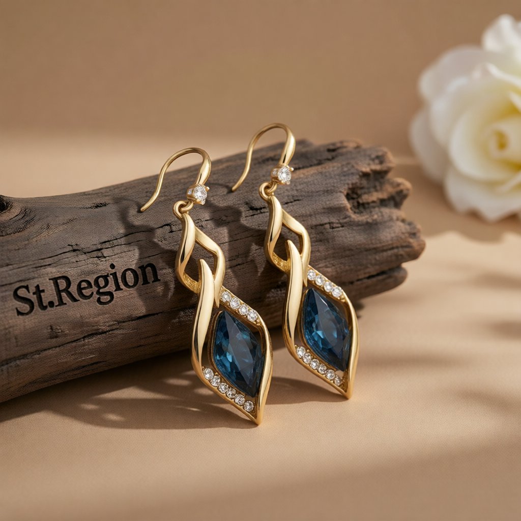 Cubic Zirconia and Blue Crystal Drop Earrings, drop earrings for women, everyday style, front view