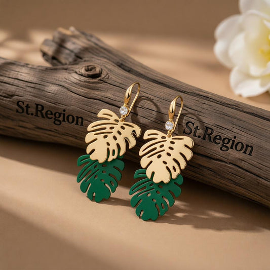 Green Enamel and 18K Gold-Plated Leaves Drop Earrings, gold drop earrings for women, vintage-inspired design, front view