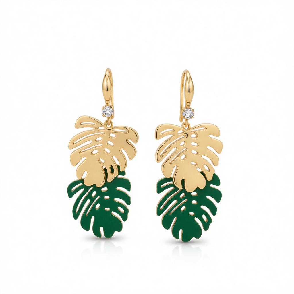 Green Enamel and 18K Gold-Plated Leaves Drop Earrings, gold drop earrings for women, vintage-inspired design, side view