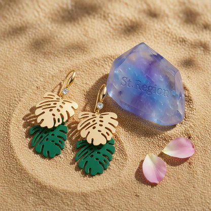 Green Enamel and 18K Gold-Plated Leaves Drop Earrings, gold drop earrings for women, vintage-inspired design, detail close-up