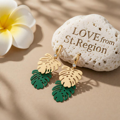 Green Enamel and 18K Gold-Plated Leaves Drop Earrings, gold drop earrings for women, vintage-inspired design, lifestyle look