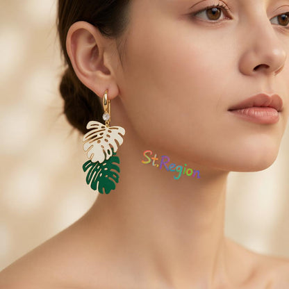 Green Enamel and 18K Gold-Plated Leaves Drop Earrings, gold drop earrings for women, vintage-inspired design, styled look