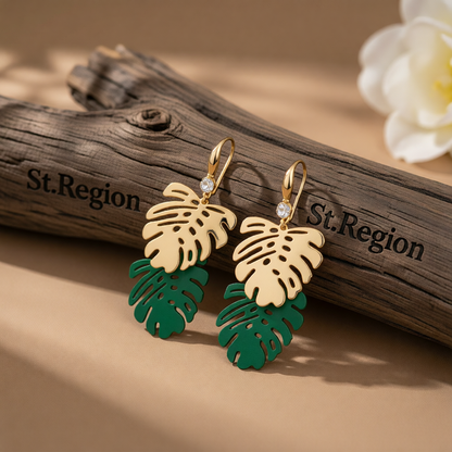 Green Enamel & 18K Gold-Plated Leaves Drop Earrings